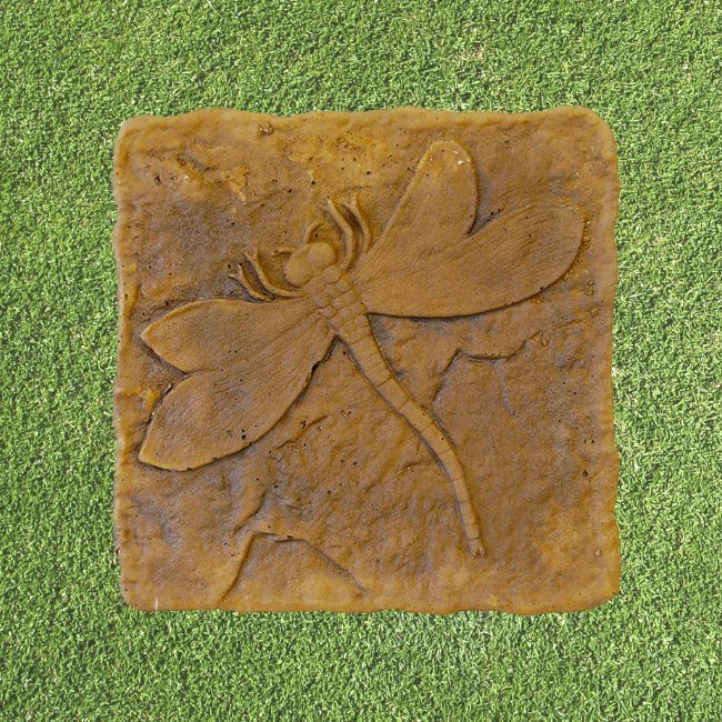 Close-up of Golden Wing Dragonfly Stepping Stone with raised dragonfly design and textured surface.